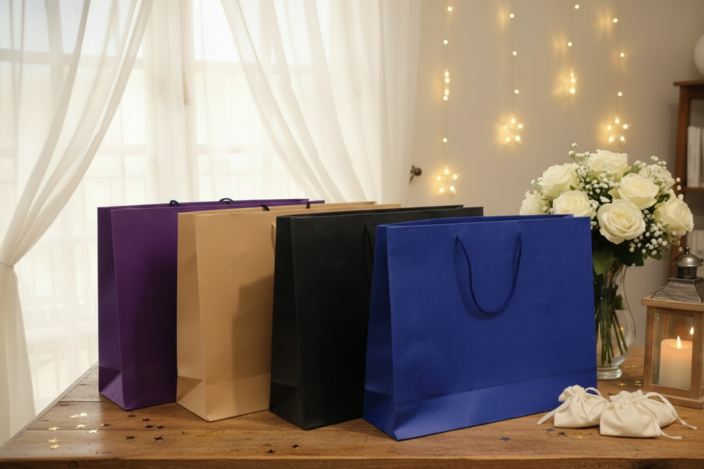 20 Sacs-Cadeaux XXL Coton 41x33cm – Noir, Bleu, Violet & Sable