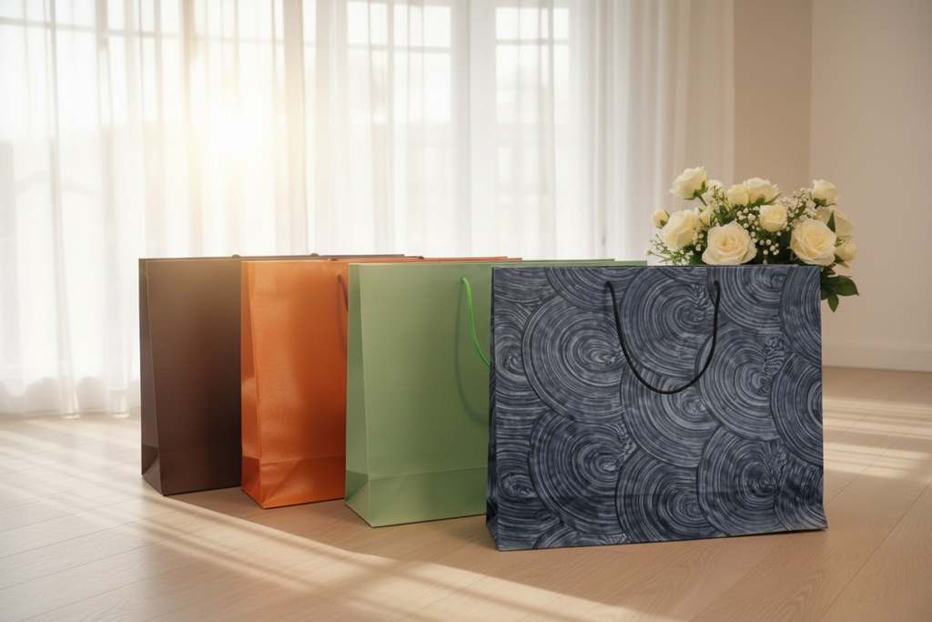 20 Sacs-Cadeaux XXL Coton 41x33cm – Marron, Orange, Pistache & Bleu