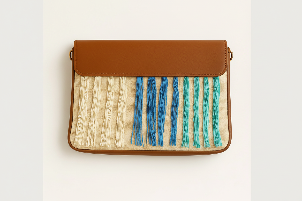 Pochette Plate Artisanale Cuir & Coton Tissé – Style Ethnique Chic