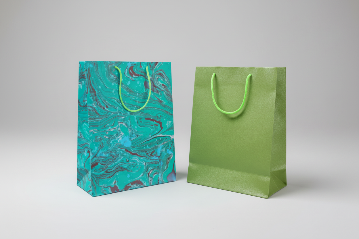 20 Grands Sacs-Cadeaux Coton 31x24cm – Vert Marbré & Vert Brillant