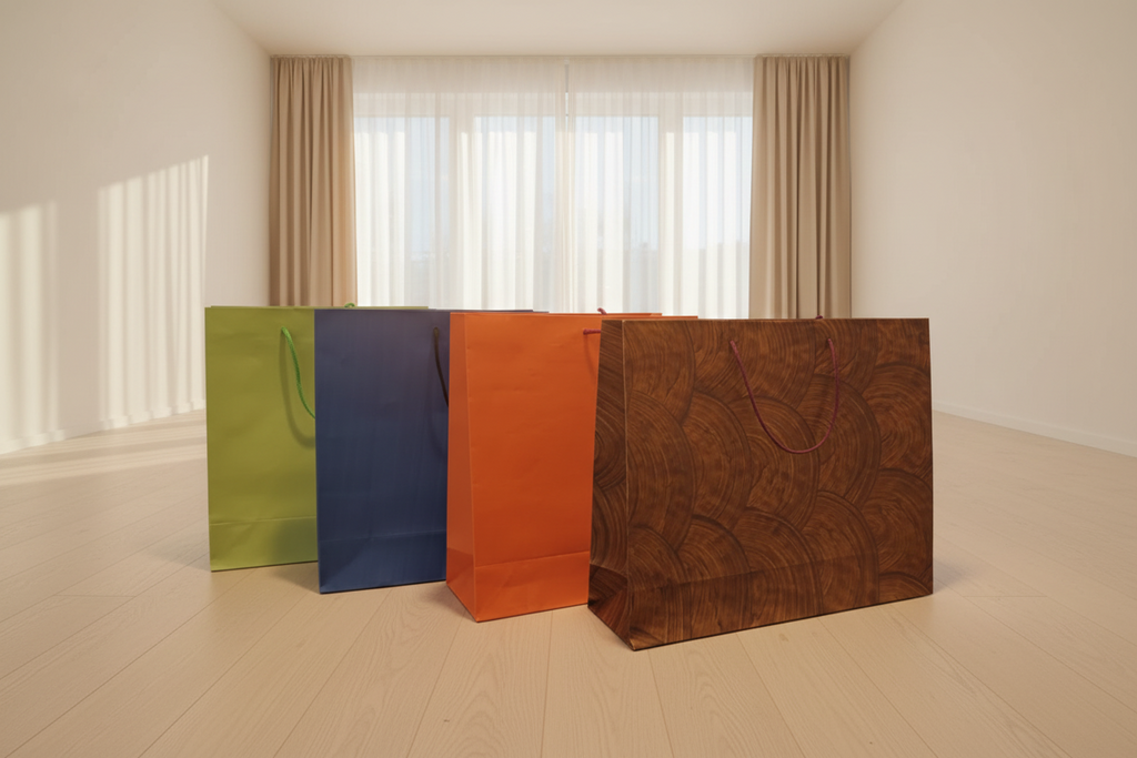 20 Sacs-Cadeaux XXL Coton 41x33cm – Vert, Bleu, Orange & Bois